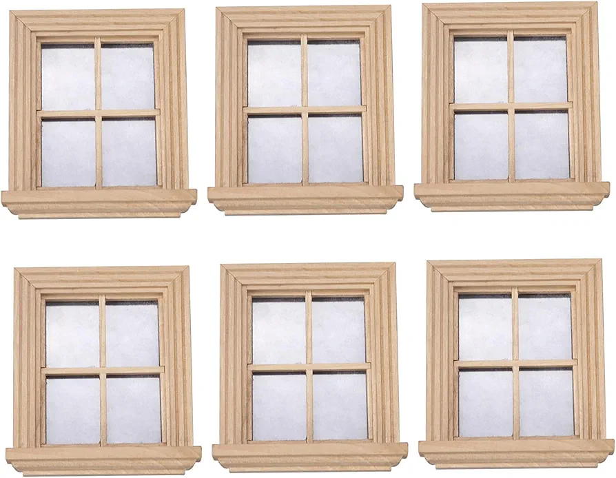 Dollhouse Windows 1 12 Scale Wooden 4-Pane Doll House Window with Clear Glass Dolls House Accessories for DIY Dollhouse or Model 3.4x3.9x0.9 inch 6PCS