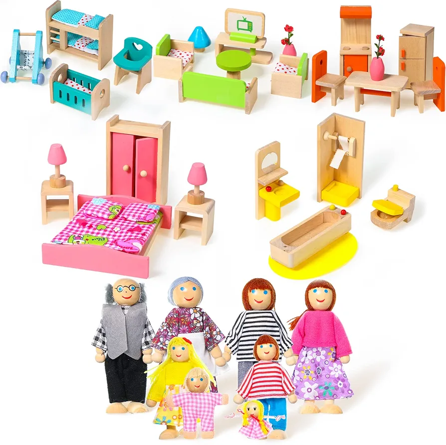 52 Pcs Wooden Dollhouse Furniture Set Miniature Doll House with Dolls 1:12 Scale Dollhouse Accessories Include People Bathroom Living Room Dining Room Kitchen for Children's Day Birthday Gift