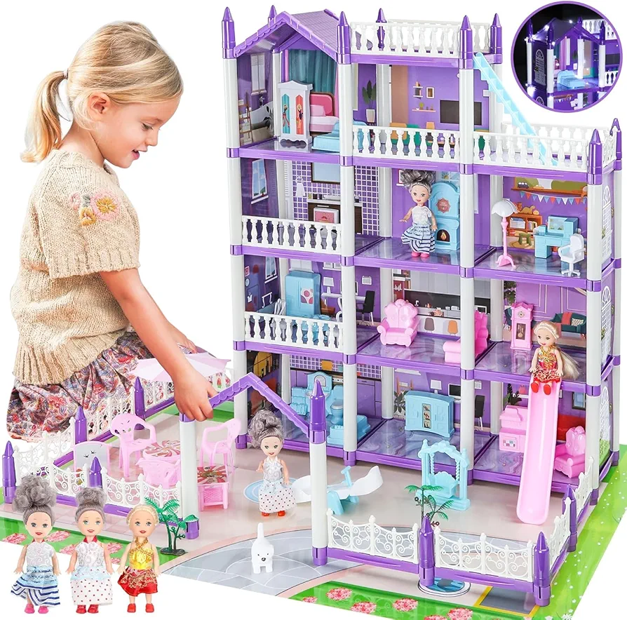 Beautiful Home Dream Dollhouse with Furniture Accessories, 3 Dolls, Lights, Toddler Doll Houses for 6 Years Old Girls Pretend Cottage Toy House Gift for Kids 6+