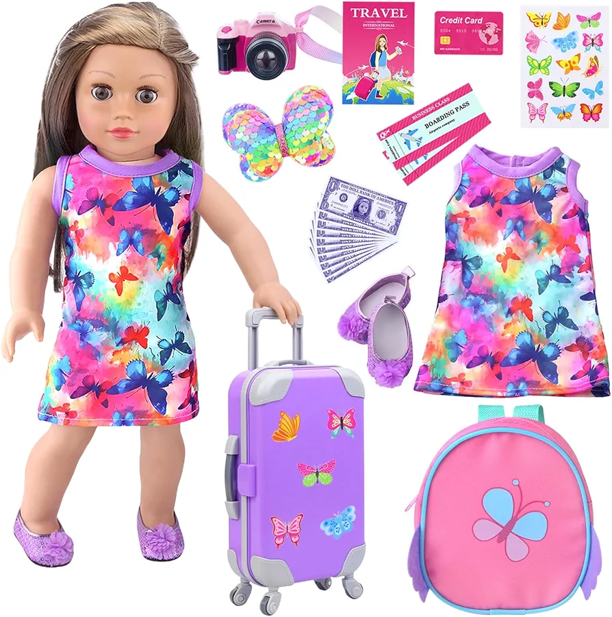 American Doll Clothes and Accessories 18 Inch Doll Playset with Suitcase, Dresses, Shoes, Backpack and Other Doll DIY Stuff for 18 Inch Girl Doll as Gift Present for Children (NOT Includ Doll)