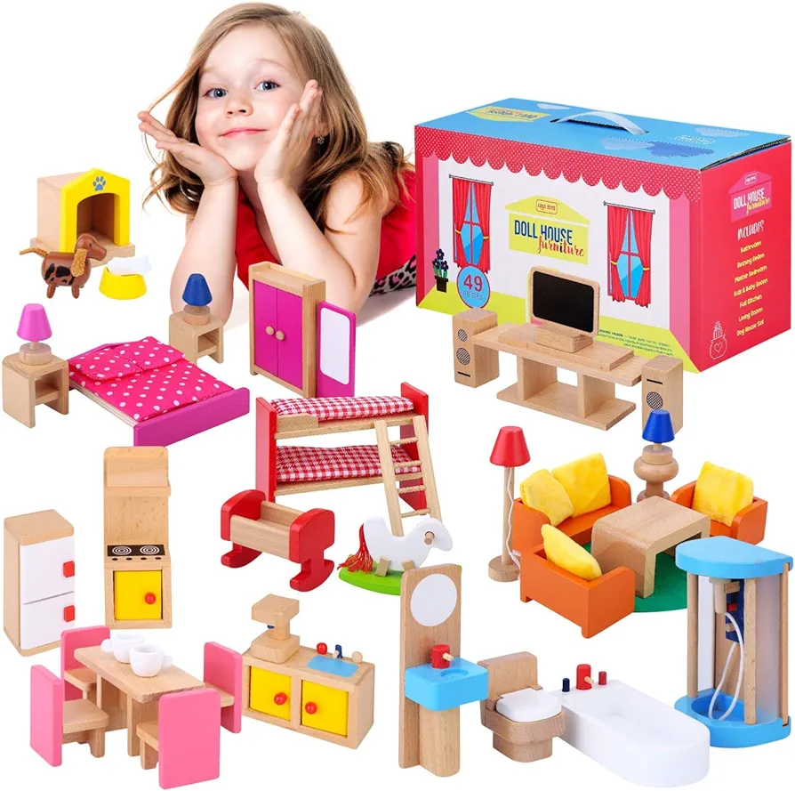 Premium Wooden Dollhouse Furniture Set –49PCS, 7 Rooms– Doll House Furniture and Accessories Set