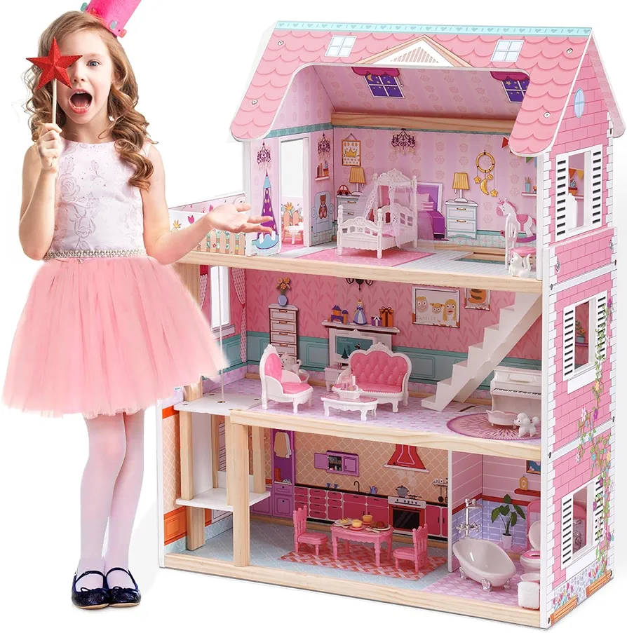 ROBOTIME Wooden Dollhouse, Doll Houses with 24 Pieces Furniture for 4, 5, 6-Inch Dolls, Dollhouse Gift for 3+ Year Old Girls (Pink)