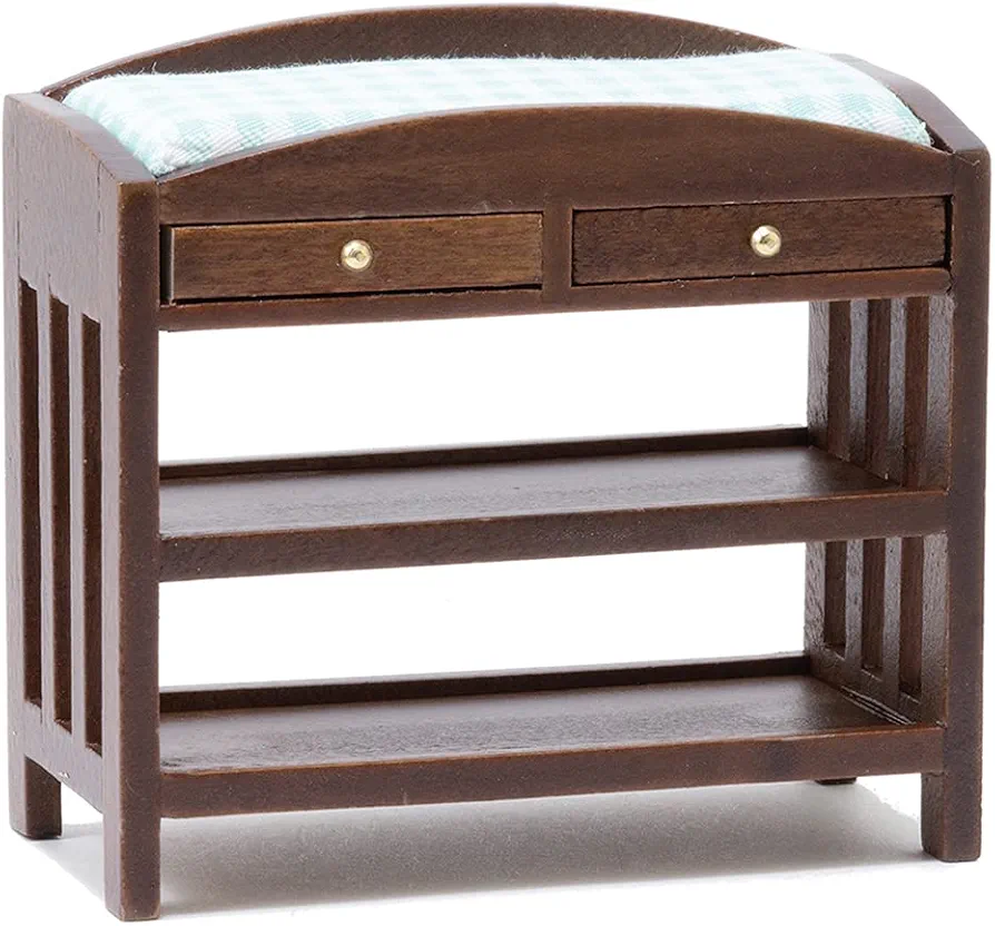 Dollhouse Miniature Slatted Changing Table with Mattress (Walnut Changing Table with Blue Mattress)