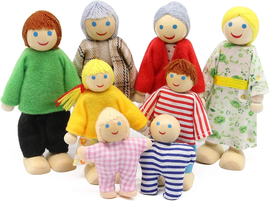 Lovely Happy Dollhouse Dolls Family Set of 8 Wooden Figures for Children House Pretend Gift