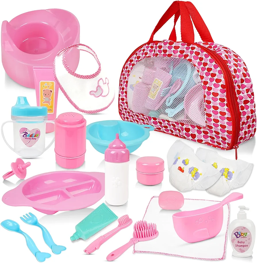 Mire & Mire 22-Piece Baby Doll Accessories Set with Carrying Case - Includes Bottle, Sippy Cup, Pacifier, Bib, Hair Brush, Plates and More, Perfect for Kids, Toddlers, and Girls