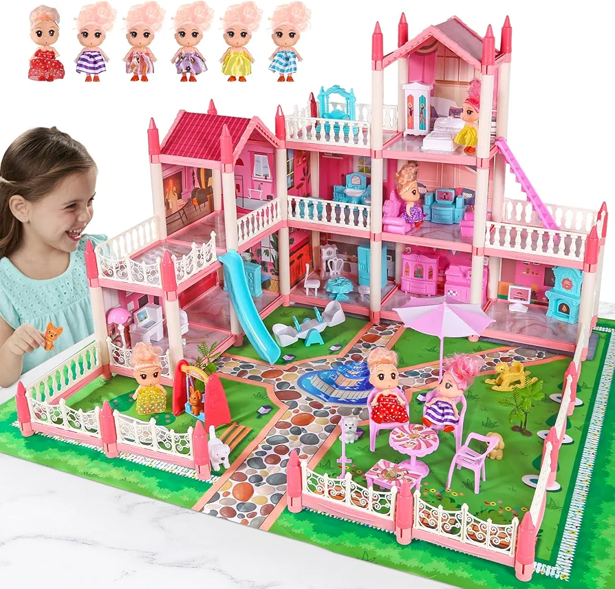 Dollhouse House with 6 Dolls, Pink Doll House Playset Toy with Accessories and Furniture for Little Girls Toddler Playhouse Gift for Kids Ages 4 5 6 Year Old Girls (31" x 28" x 19")