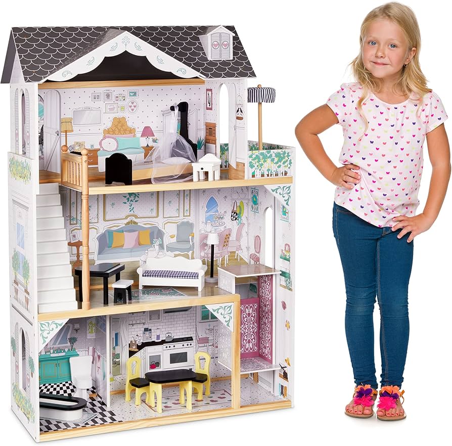 Lil' Jumbl Kids Wooden Dollhouse, with Elevator, Balcony & Stairs, Accessories & Furniture Included X-Large 3 Story Easy to Assemble Doll House Toy