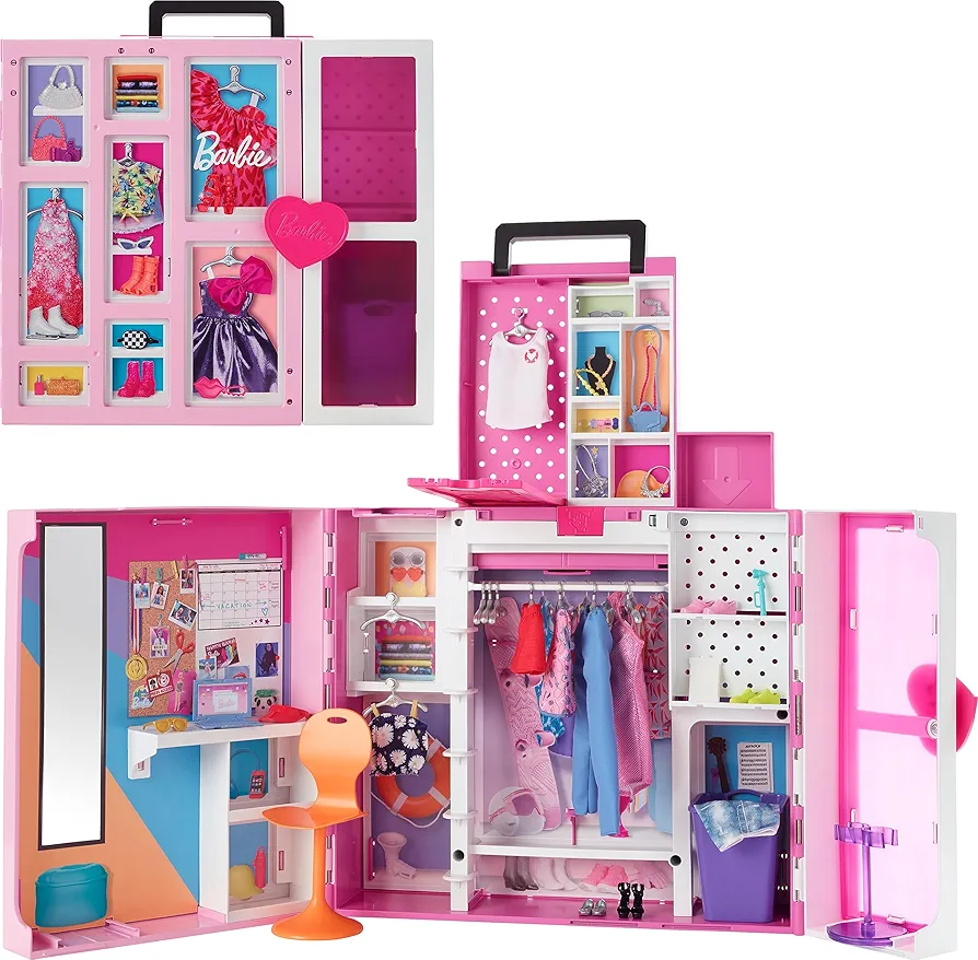 Barbie Dream Closet Playset with 35+ Doll Clothes & Accessories, Includes 5 Complete Looks, Pop-Up Second Level, Mirror & Laundry Chute