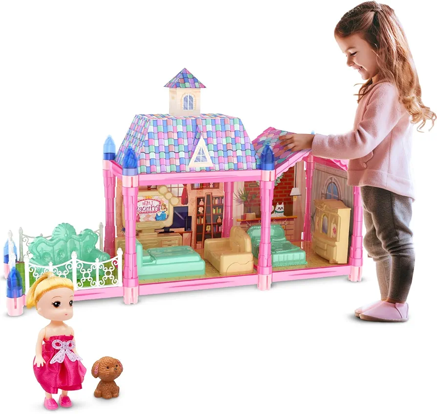 Doll House Dreamhouse for Girls, Princess Playhouse Building Set with Dolls, Furniture, Accessories, Pretend Play Dream House Toys for 3 4 5 6 7 8 9 10 Years Old Kids Toddlers Birthday Gifts