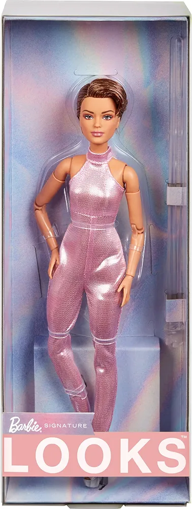 Barbie Looks Doll, Collectible No. 22 with Pixie Cut & Modern Y2K Fashion, Sequined Pink Halter Jumpsuit with Silver Heels