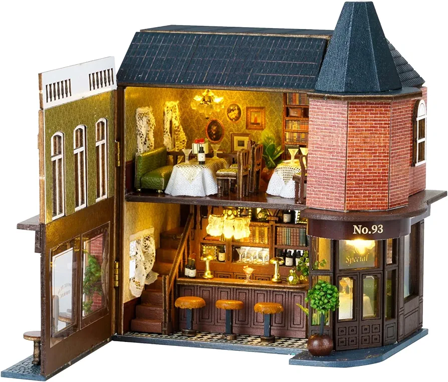 Roroom DIY Miniature and Furniture Dollhouse Kit,Mini 3D Wooden Doll House Craft Model with LED,Creative Room Idea for Valentine's Day Birthday Gift (Corner Restaurant-D-006)