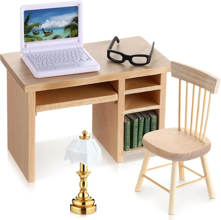 10 Pcs Miniature Dollhouse Furniture Accessories Include Mini Laptop Computer Miniature Book and Office Table Wooden Mini Dollhouse Furniture 1/12 Scale Miniatures Model Set for Dollhouse Study Room