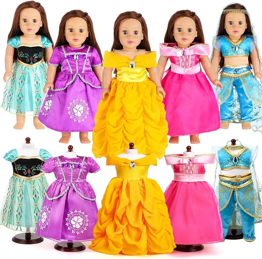 18 Inch Doll Clothes Accessories - 5 Pc Different Princess Costume Dress Set includes Jasmine,Anna,Belle,Rapunzel and Aurora Fits All 18" Doll