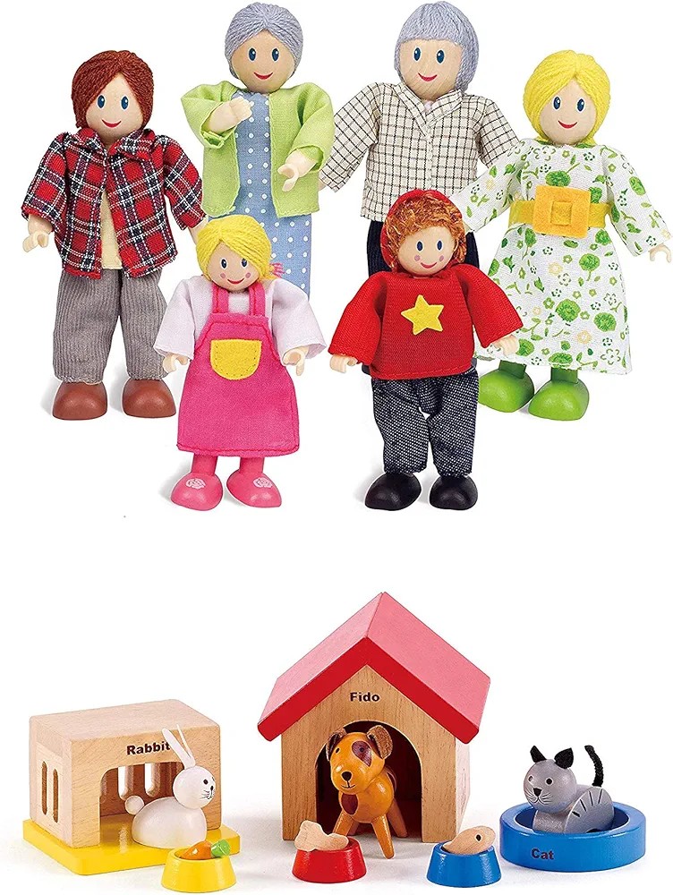 Hape Award Winning Wooden Dollhouse with Pet Set, Unique Accessories for Imaginative Play, 6 Family Figures - Adults 4.3" and Kids 3.5"