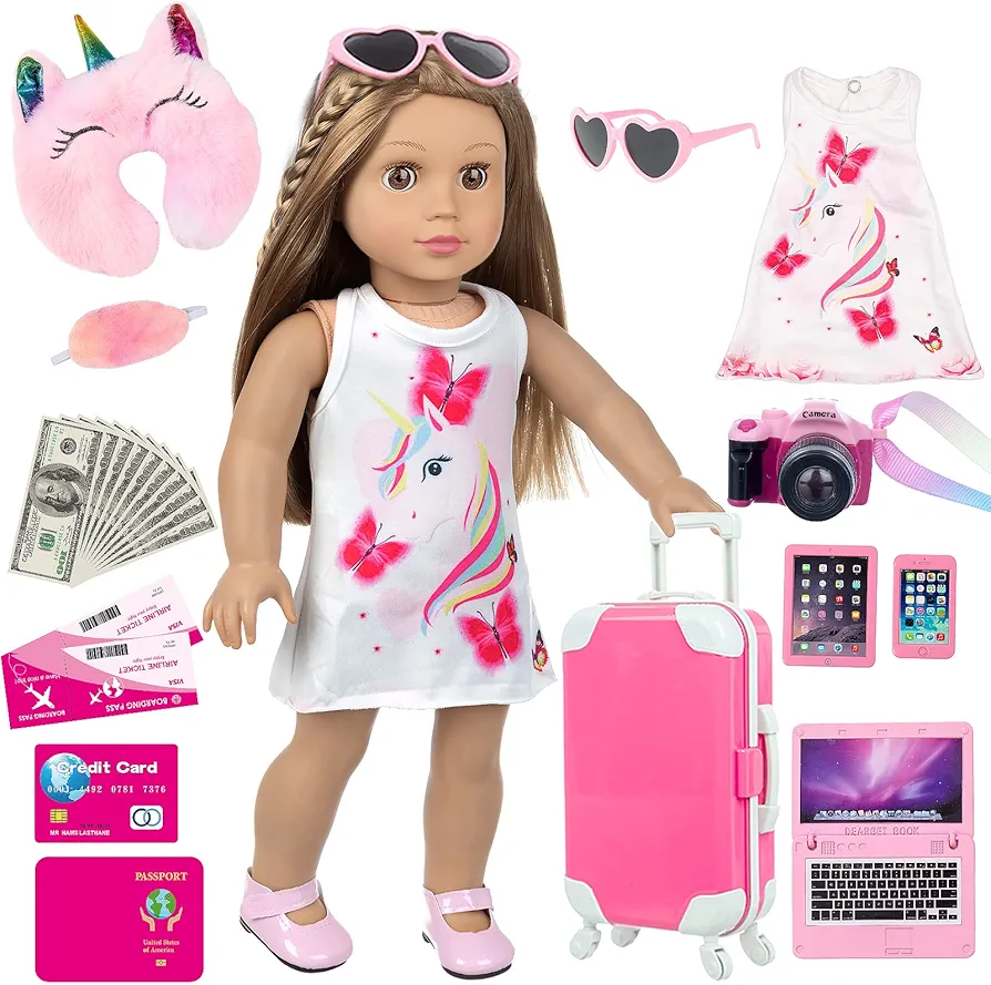 18 Inch Girl Doll Clothes Accessories Travel Play Set Including Suitcase Luggage, Unicorn Dress, Sunglasses, Camera, Computer, Phone, Ipad,Travel Pillow fit 18 Inch Doll