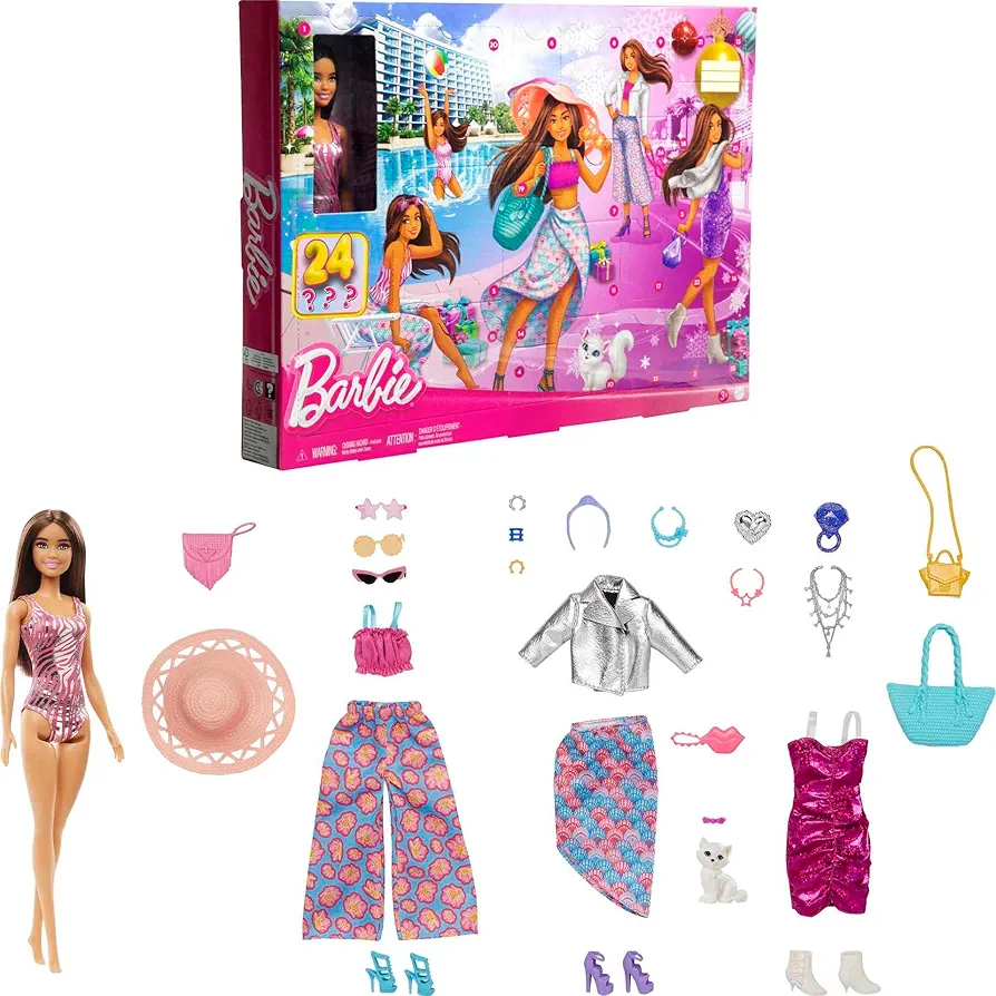 Barbie Doll & Fashion Advent Calendar, 24 Clothing & Accessory Surprises Like Swimsuit, Dress, Hat & Pet Kitten