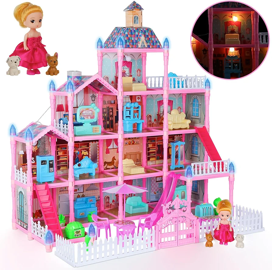 Dolls House with Accessories and Furniture, DIY Playhouse Kit with Dolls, 13 Room and Dolls House Lights Pretend Toy Gift for Toddler Girls 3+