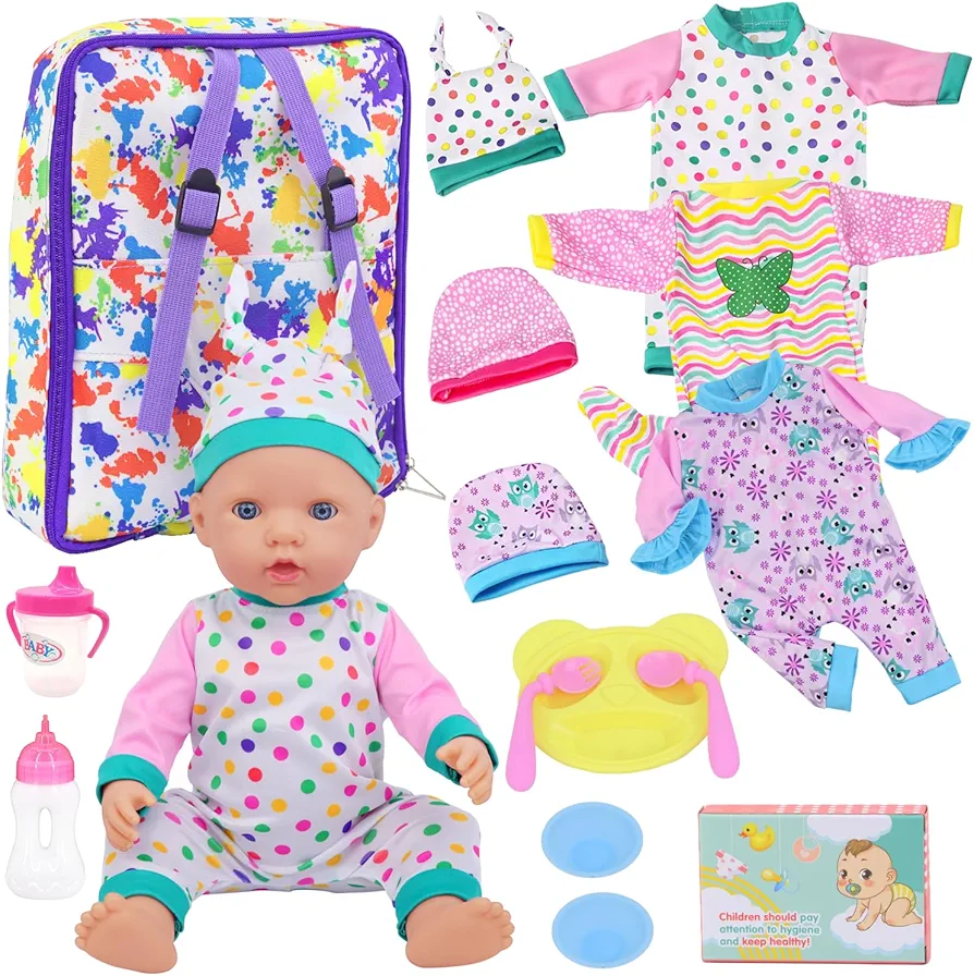 15 PCS Baby Doll Clothes with Carrier Backpack, Doll Bag Fit 16-18 Inch Baby Girl Dolls, Doll Feeding and Caring Playset Includes Jumpsuits, Bowl, Plate, Bottle, Pretend for Toddlers Kids (No Doll)