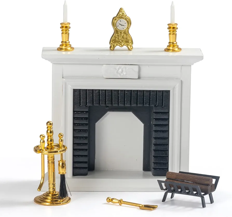 SAMCAMI Wooden Dollhouse Furniture Fireplace Set - Doll House Furniture Toys 1 12 Scale - Miniature Furniture Incl Fireplace, Candles, firewood Rack and Other Dollhouse Accessories