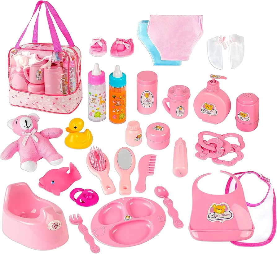 fash n kolor Doll Feeding Set | Set Includes Baby Doll Accessory's, Doll Diapers, Diaper Bag, Magic Bottles, Potty and Bath Toys | 26 Changing and Other Accessories for 3+ Years Kids