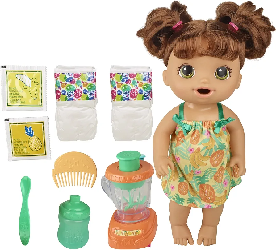 Baby Alive Magical Mixer Baby Doll Tropical Treat with Blender Accessories, Drinks, Wets, Eats, Brown Hair Toy for Kids Ages 3 and Up