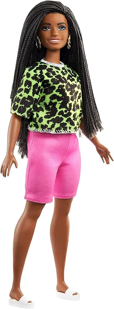 Barbie Fashionistas Doll #144 with Long Brunette Braids Wearing Neon Green Animal-Print Top, Pink Shorts, White Sandals & Earrings, Toy for Kids 3 to 8 Years Old