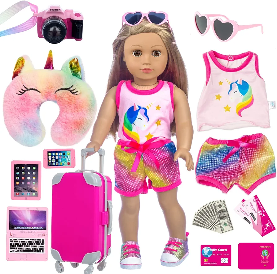 23 Pcs American 18 inch Doll Clothes and Accessories - Suitcase Luggage , Pillow, Sunglasses, Camera, Passport, Mobile Phone , Computer Doll Travel Gear Play Set Fit 18 inch Doll (No Doll)