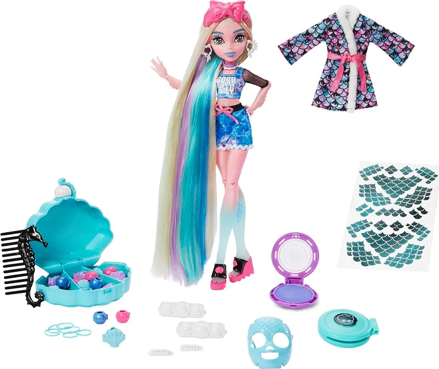 Monster High Doll, Lagoona Blue Spa Day with Wear & Share Accessories Including Hair Clips, Hair Chalk & Tattoos