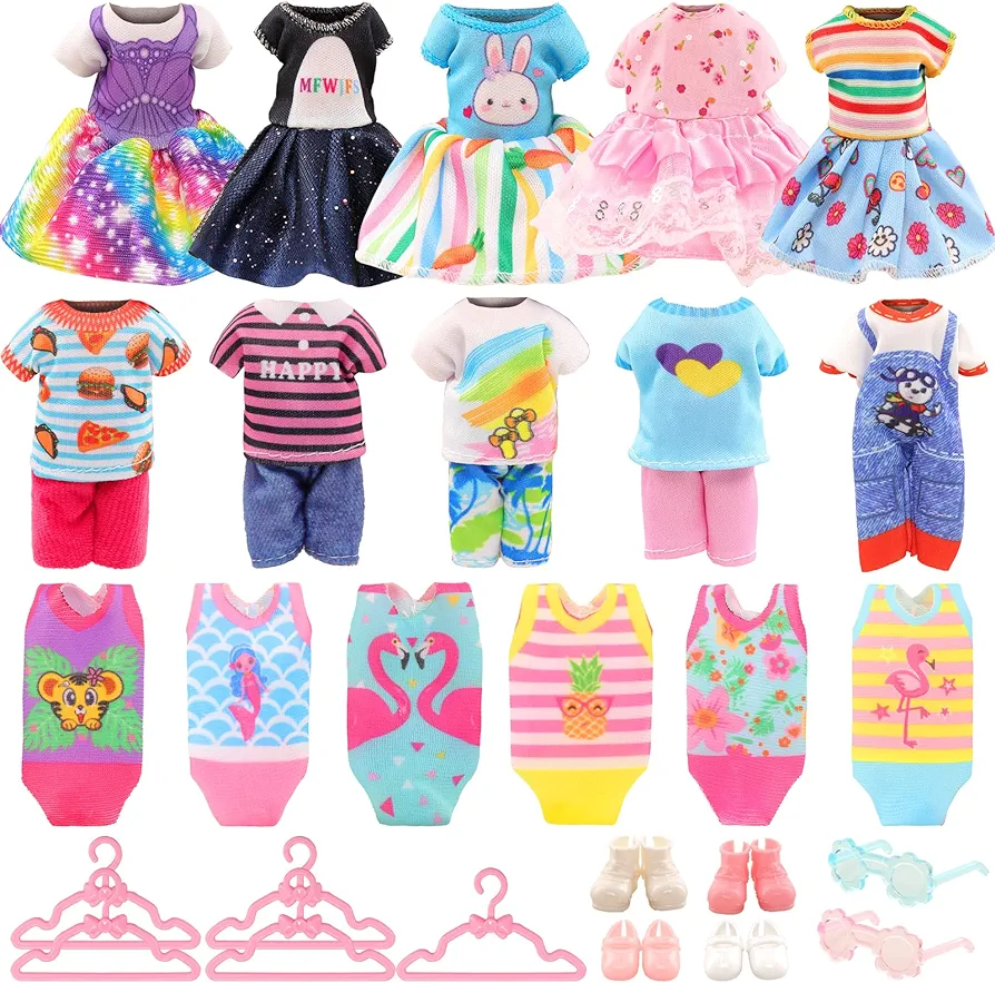 Miunana 19 Pcs 5.3 Inch Doll Clothes and Accessories - 3 Dresses, 3 Outfits, 3 Swimsuits, 3 Shoes, 2 Sunglasses, 5 Outfits Hangers