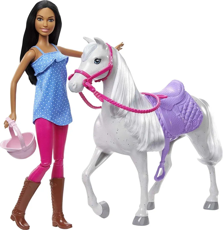 Barbie Doll and Horse, Bendable Brunette Doll with Riding Outfit and Boots, White Horse with Saddle, Bridle and Reins