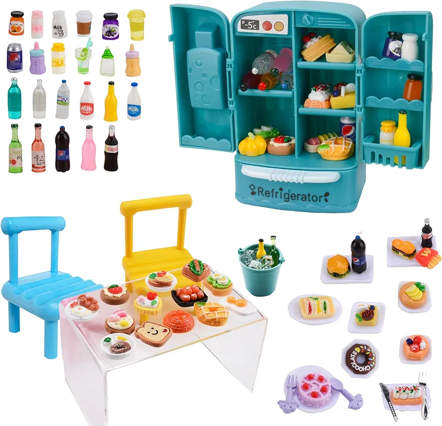 120 Pcs Mini Dollhouse Refrigerator Mini Fridge Toy with Mini Food Drink Bottles Mini Fridge with Ice Cubes Kitchen Furniture Food Set for Kids Miniature Doll House Decoration Accessories