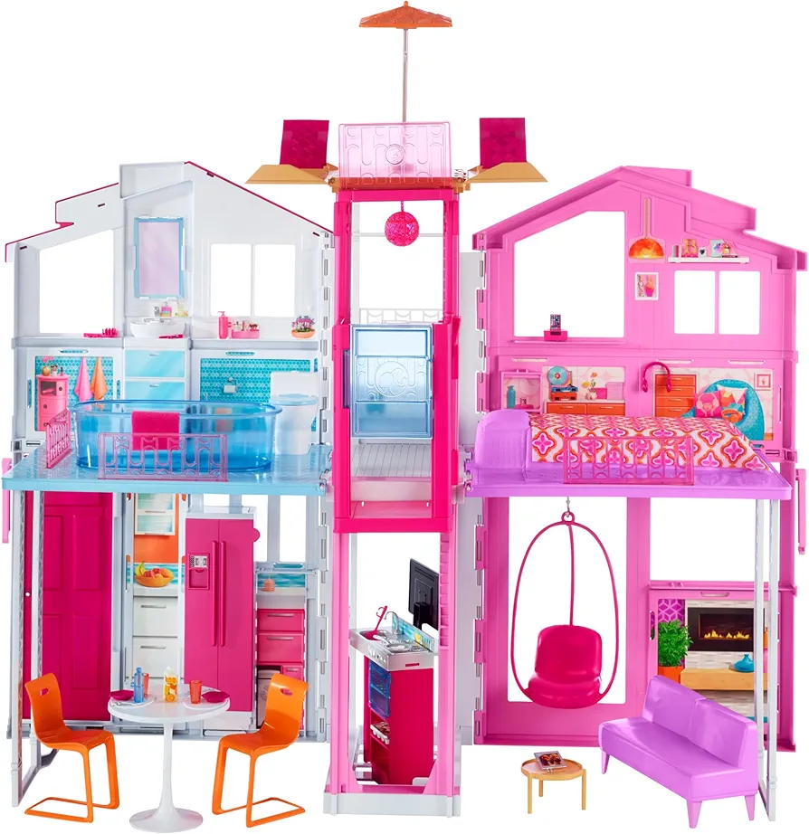 Barbie Doll House Playset, 3-Story Townhouse with 4 Rooms & Rooftop Lounge, Furniture & Accessories Including Swinging Chair (Amazon Exclusive)