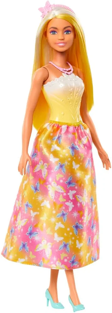 Barbie Royal Doll with Brightly Highlighted Fantasy Hair, Colorful Accessories, Yellow Ombre Bodice & Butterfly-Print Skirt