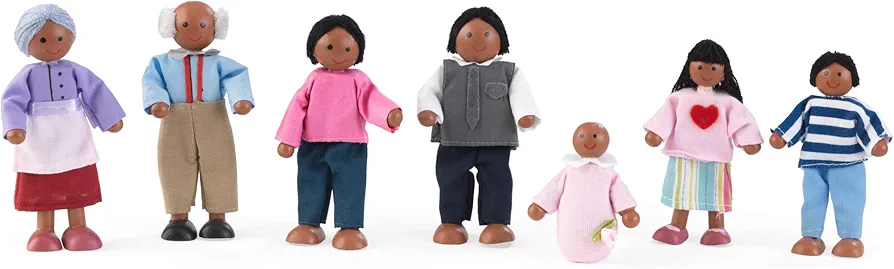 KidKraft Wooden Poseable Doll Family of 7 - African American, Gift for Ages 3+