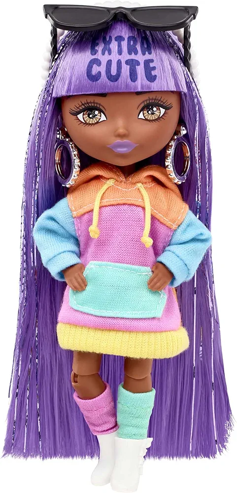 Barbie Extra Minis Doll & Accessories with Purple & Silver Hair Wearing Color-Block Hoodie Dress & Boots, 5.5-inch