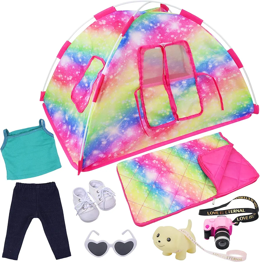 ZITA ELEMENT 7 Items Fashion Doll Camping Tent Set for 18 Inch Girl Doll Accessories - Including 18 Inch Doll Camping Tent, Sleeping Bag, Clothes Set, Shoes, Camera, EYE Glasses and Toy Dog