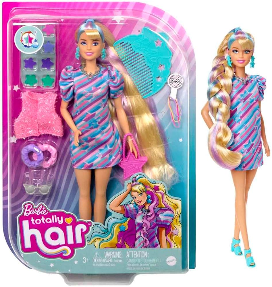 Barbie Totally Hair Doll, Star-Themed with 8.5-inch Fantasy Hair & 15 Styling Accessories (8 with Color-Change Feature)