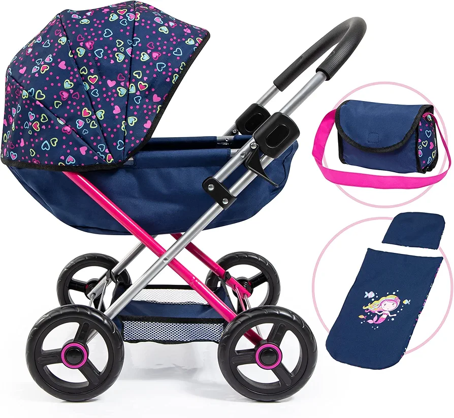 Bayer Design Dolls: Pram Cosy - Blue, Pink, Hearts - includes Blanket & Shoulder Bag, Kids Pretend Play, Fits Dolls Up to 18", Soft Handle, Big Wheels, Height 22.8 Inch, Ages 3+