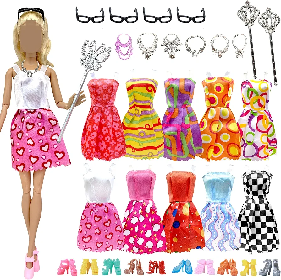 32 PCS Doll Clothes and Accessories, 10x Mix Party Dresses, 4X Glasses, 6X Necklaces, 2X Magic Wands, 10x Shoes for 11.5 inch Doll, Gifts for Girls 6-12