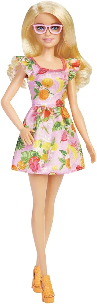 Barbie Fashionistas Doll, with Blonde Hair & Fruit Print Dress, Ruffled Sleeves, Orange Platform Heels, Pink Eyeglasses, Toy for Kids 3 to 8 Years Old