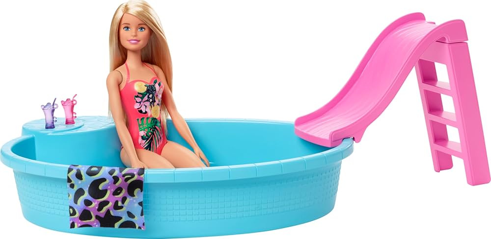 Barbie Doll & Pool Playset with Pink Slide, Beverage Accessories & Towel, Blonde Doll in Tropical Swimsuit