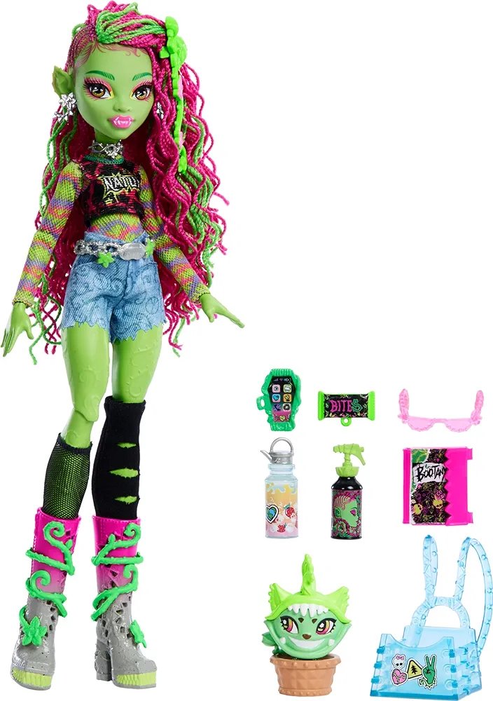 Monster High Venus McFlytrap Doll, Plant Monster with Pet Cat Chewlian & Accessories Like Backpack, Notebook, Snacks & More