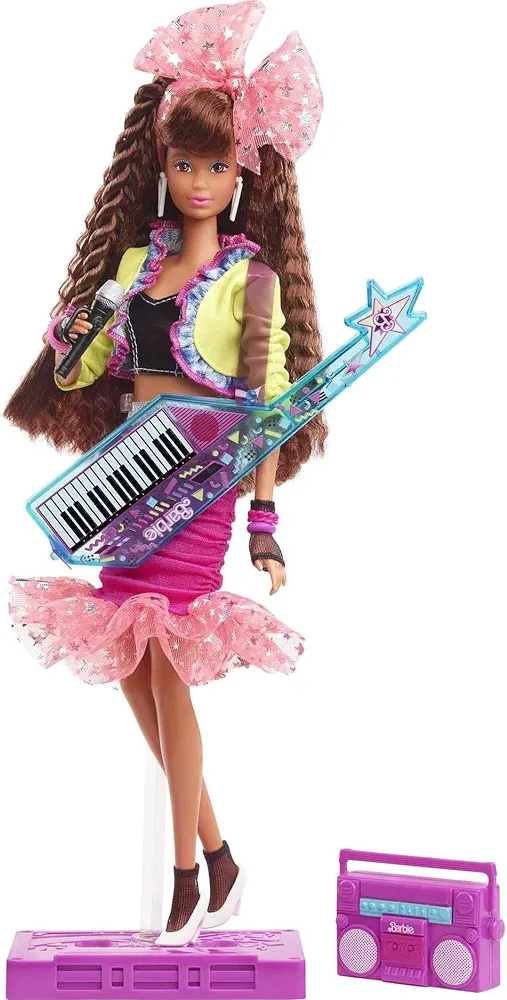 Barbie Rewind 80s Edition Dolls’ Night Out Doll, Brunette in Party Look Featuring Neon Jacket, Skirt & Accessories with Cassette Tape Doll Stand