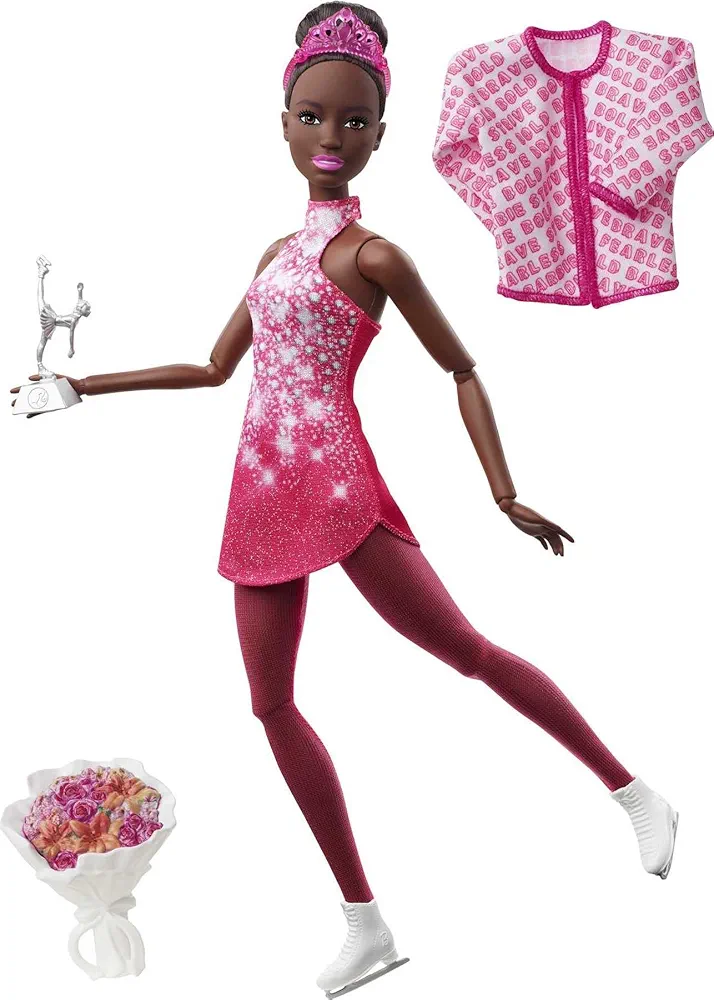 Barbie Winter Sports Ice Skater Brunette Doll (12 Inches) with Pink Dress, Jacket, Rose Bouquet & Trophy, Great Gift for Ages 3 and Up