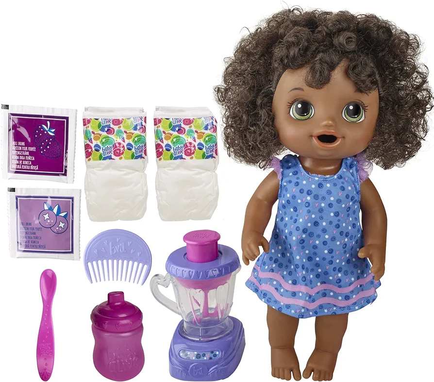 Baby Alive Magical Mixer Baby Doll Blueberry Blast with Blender Accessories, Drinks, Wets, Eats, Black Hair Toy for Kids Ages 3 and Up