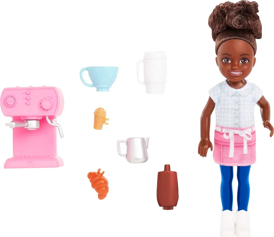 Barbie Toys, Chelsea Doll and Accessories Barista Set, Can Be Small Doll with 7 Themed Pieces​