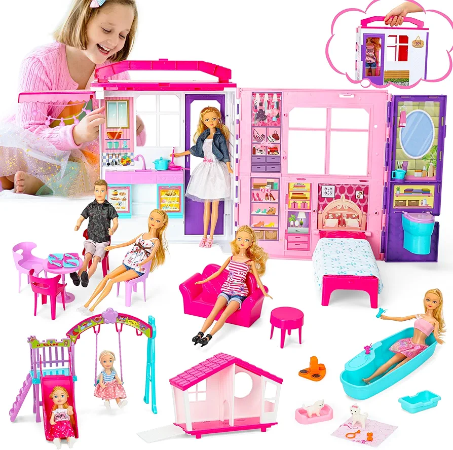 Doll House Portable & Foldable DollHouse w/ 60+ Pcs & 2 Dolls, Play House Toy with Bedroom Bathroom Kitchen Furniture Playset, Playhouse Birthday Gift for Girl Kid Toddler