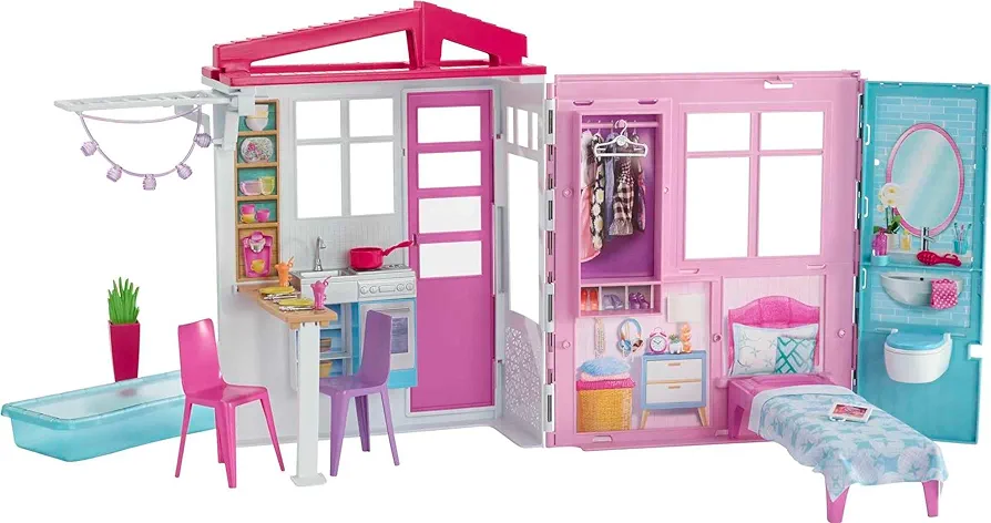 Barbie Doll House Playset with Toy Furniture & Accessories, Portable with Carrying Handle, 2 Feet Wide with Fold-Out Bed & Pool