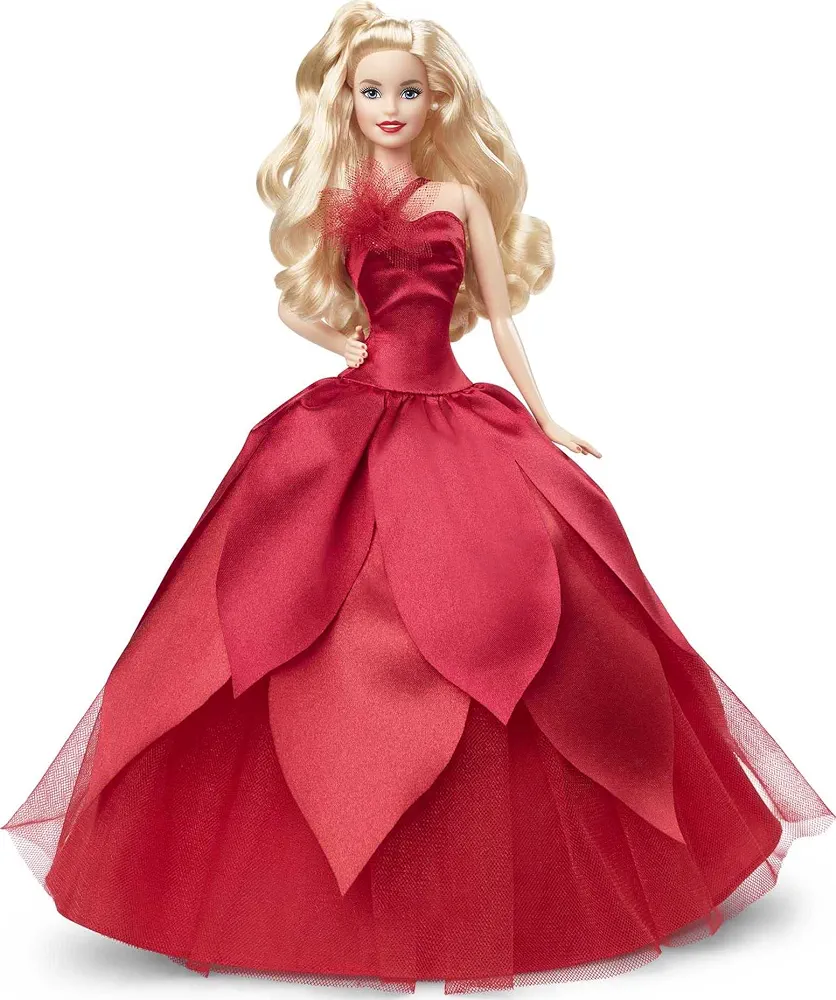 Barbie Signature 2022 Holiday Doll, Blonde Wavy Hair Wearing Red Poinsettia-Inspired Gown, Collectible with Doll Stand & Certificate of Authenticity