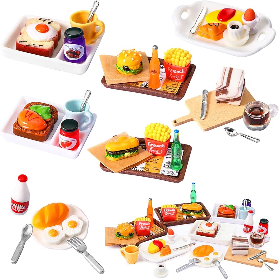 38 Pcs Miniature Food Toy Miniature Doll House Accessories Miniature Play Sets Small Doll Food Dollhouse Food, Hamburger Fries Soda Milk Juice Fast Food Set for Pretend Play Kitchen